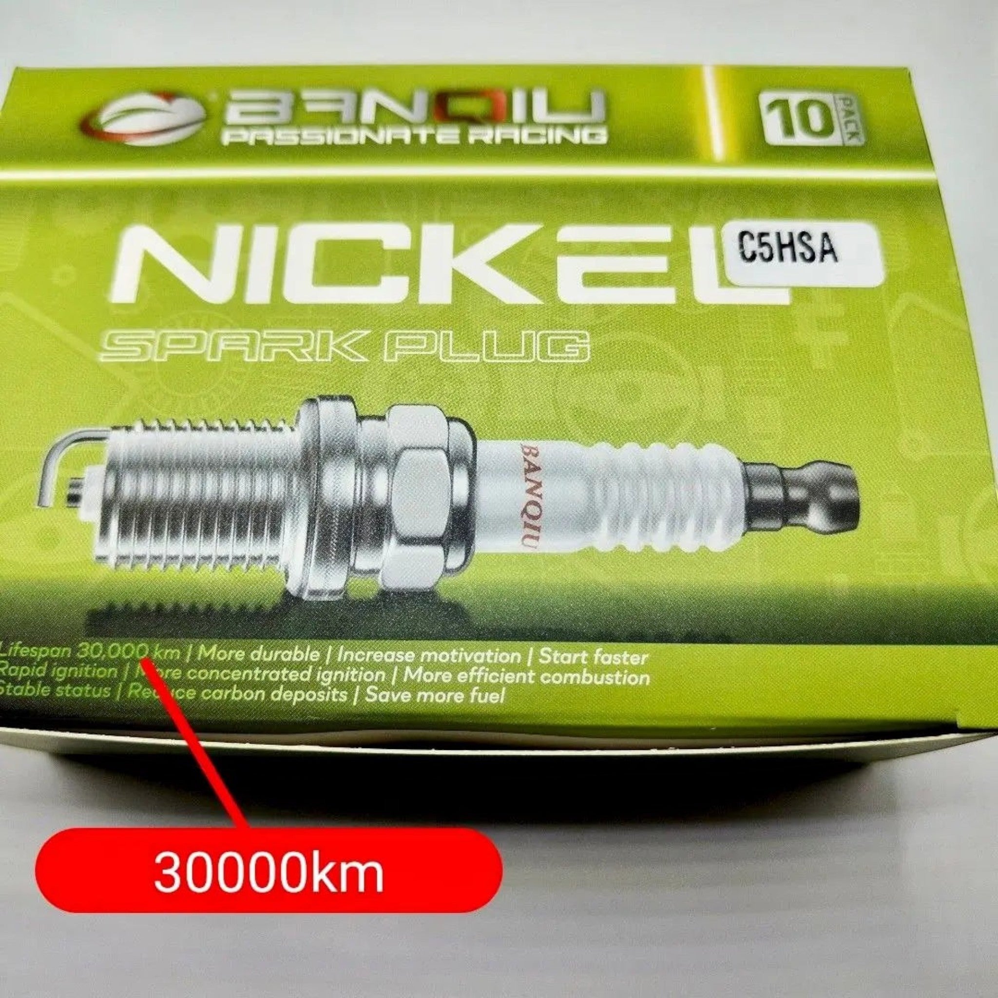 BANQIU Cambodia Co.,Ltd. C5HSA 镍合金火花塞，适用于四冲程摩托车及小型汽油发动机，包装盒展示30000公里寿命
